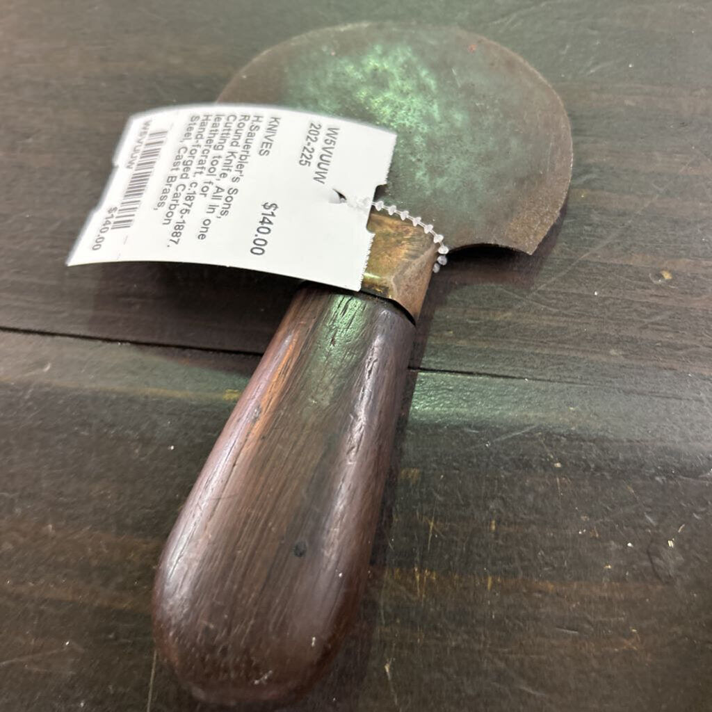 H.Sauerbier's Sons, Round Knife, All in one Cutting tool for leathercraft. c.1875-1887. Hand-forged Carbon Steel, Cast Brass, Rosewood.
