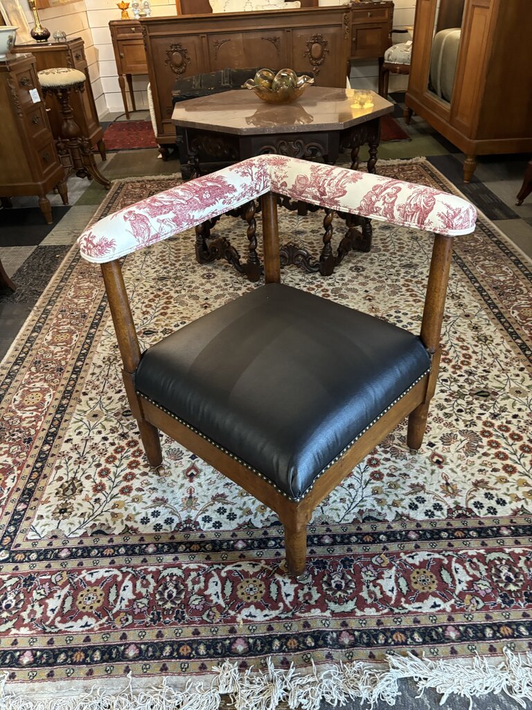 Edwardian Corner Chair- Black Leather Seat Upholstery; circa 1890-1920