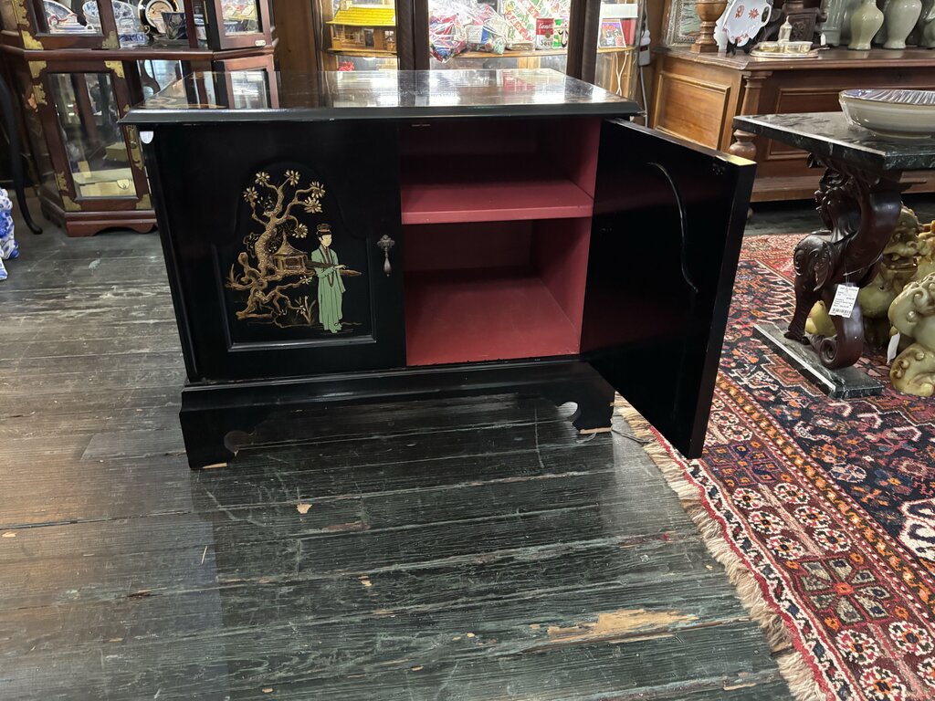 Black Lacquer Chinoiserie two door Cabinet with painted interior and single shelf ; Hollywood Regency styling; circa 1940-1960
