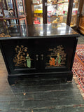 Black Lacquer Chinoiserie two door Cabinet with painted interior and single shelf ; Hollywood Regency styling; circa 1940-1960