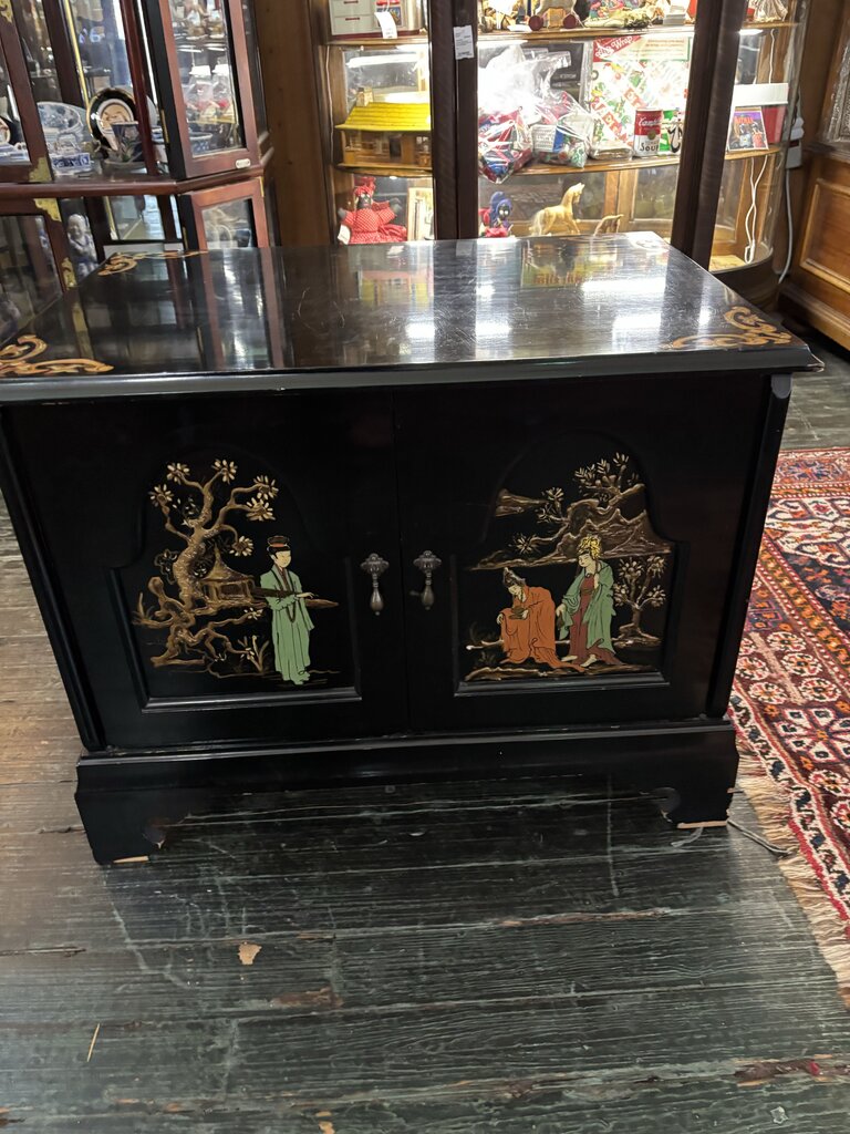 Black Lacquer Chinoiserie two door Cabinet with painted interior and single shelf ; Hollywood Regency styling; circa 1940-1960