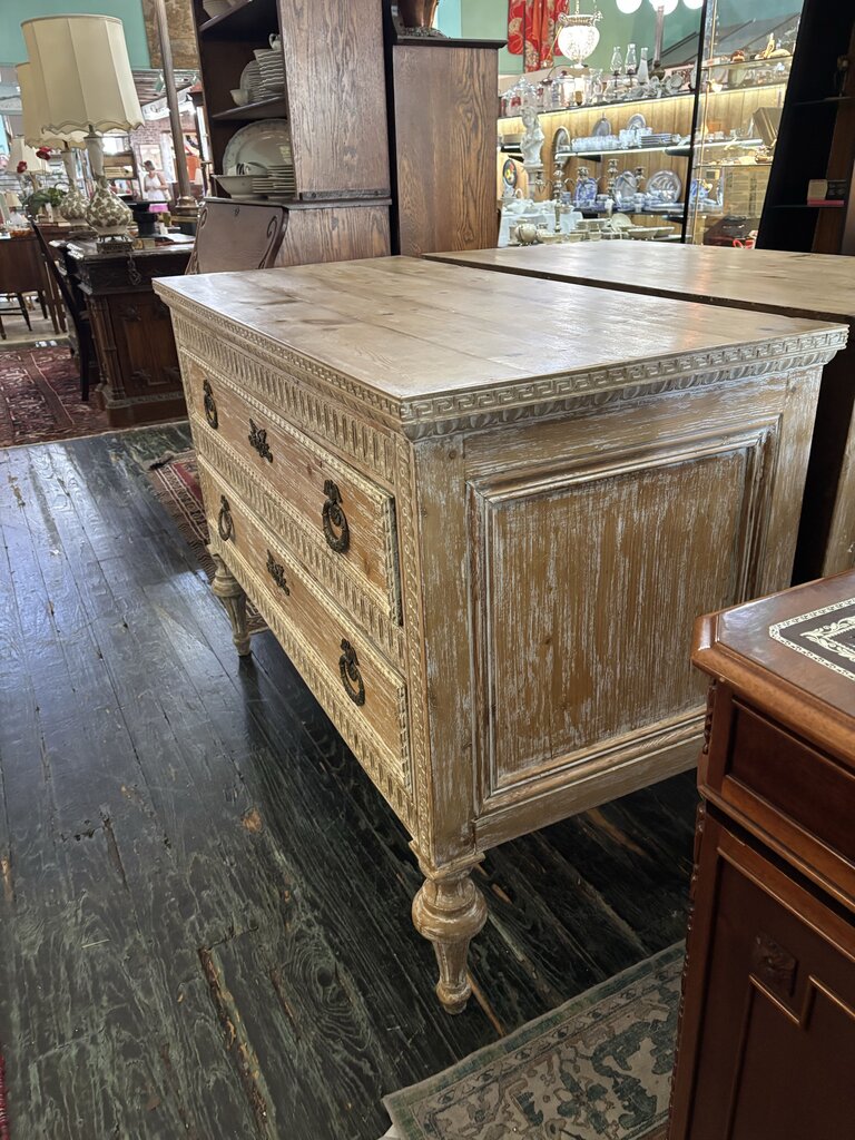18th Century Swedish Gustavian two drawer chest. Pine construction with distressed painted finish. Original Bronze Hardware.