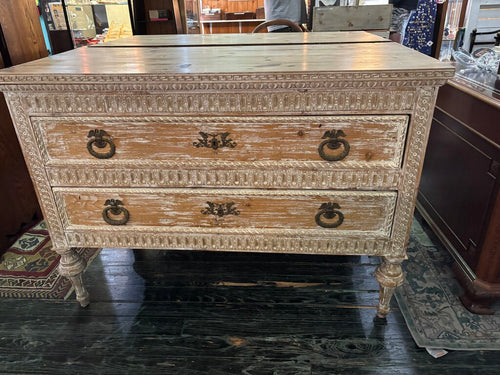 18th Century Swedish Gustavian two drawer chest. Pine construction with distressed painted finish. Original Bronze Hardware.