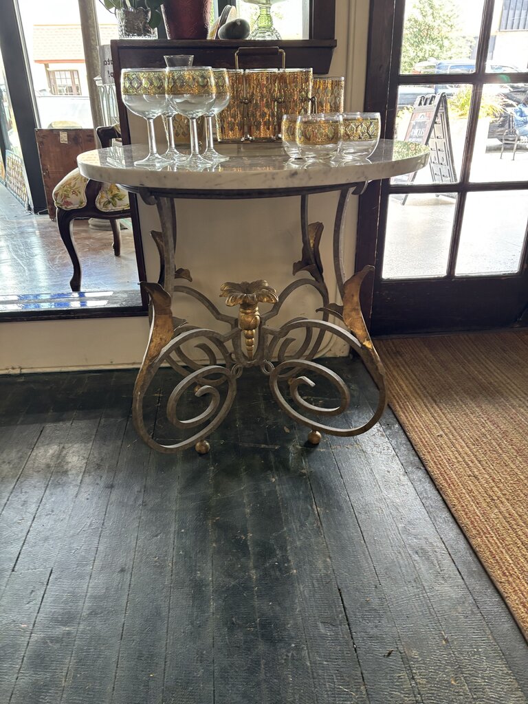 Wrought Iron Marble Top Circular Table with Gilt Accents