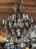 French Wrought Iron and Crystal Cage Chandelier; 9 light; (As Is)