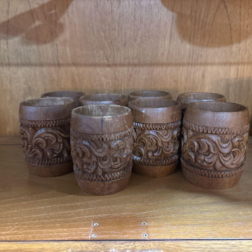 MCM Hand carved wood cups; set of 8