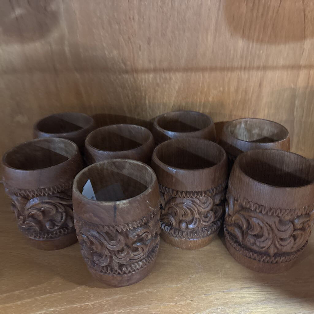 MCM Hand carved wood cups; set of 8