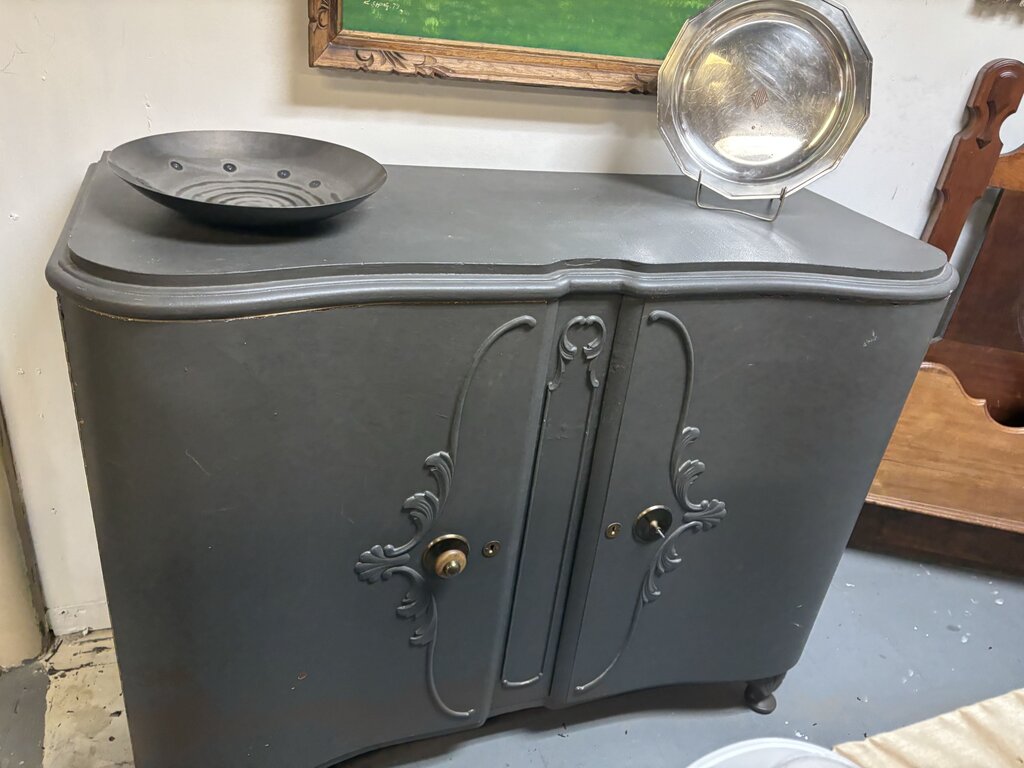 Painted two door cabinet; interior shelf; vintage 1930-40s. (AS IS)