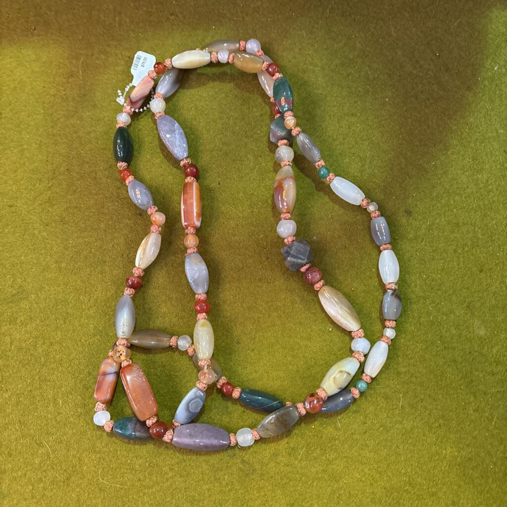 48" Natural Hardstone bead necklace; (Carnelian, Jasper, Agate, Quartz)