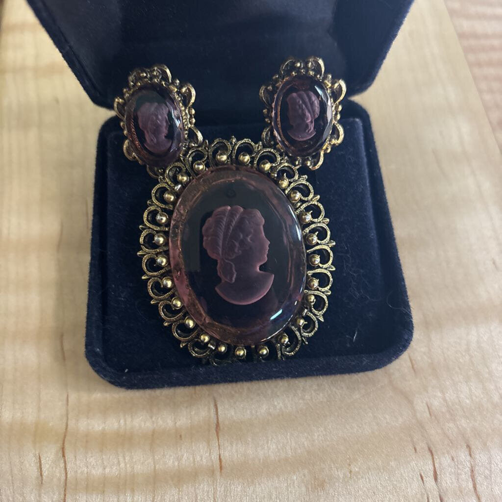 Reverse Carved Glass Intaglio Cameo Brooch and Earring set; circa 1960-80s