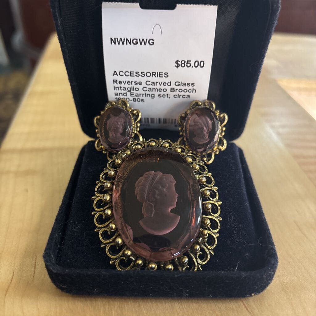 Reverse Carved Glass Intaglio Cameo Brooch and Earring set; circa 1960-80s