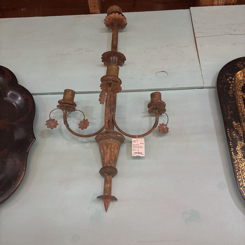 Patinated Toleware three arm Wall Sconce Candleholders; AS IS