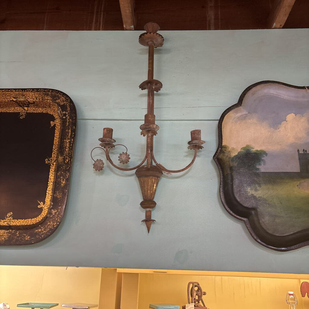 Patinated Toleware three arm Wall Sconce Candleholders; AS IS