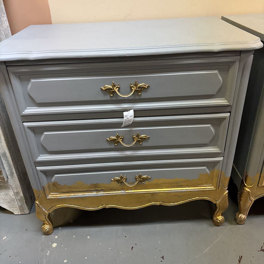 French Provincial/Hollywood Regency style Three Drawer side chest or nightstand; painted and partial gilt; circa 1960s