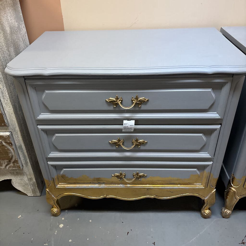 French Provincial/Hollywood Regency style Three Drawer side chest or nightstand; painted and partial gilt; circa 1960s