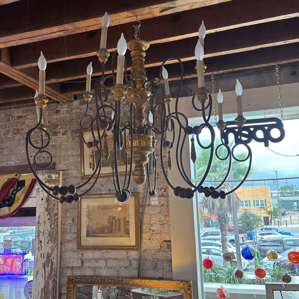 French Provincial style Giltwood and Iron 12 arm rustic Chandelier