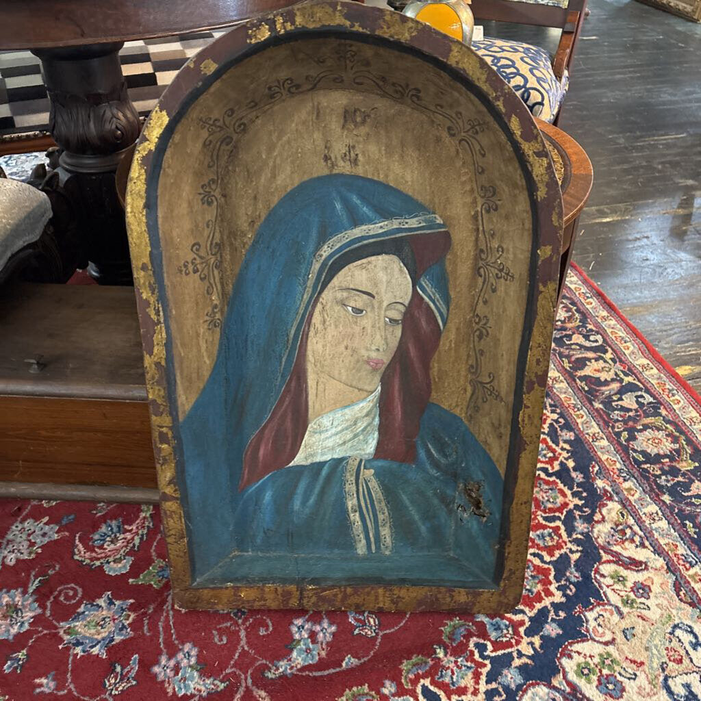 Mexican Folk Art Retablo featuring Our Lady of Sorrows painted on a solid hand hewn piece of wood