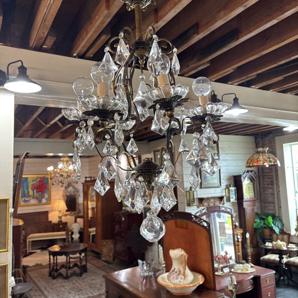 Vintage 6 light brass and crystal Louis XV style chandelier; circa 1940-60