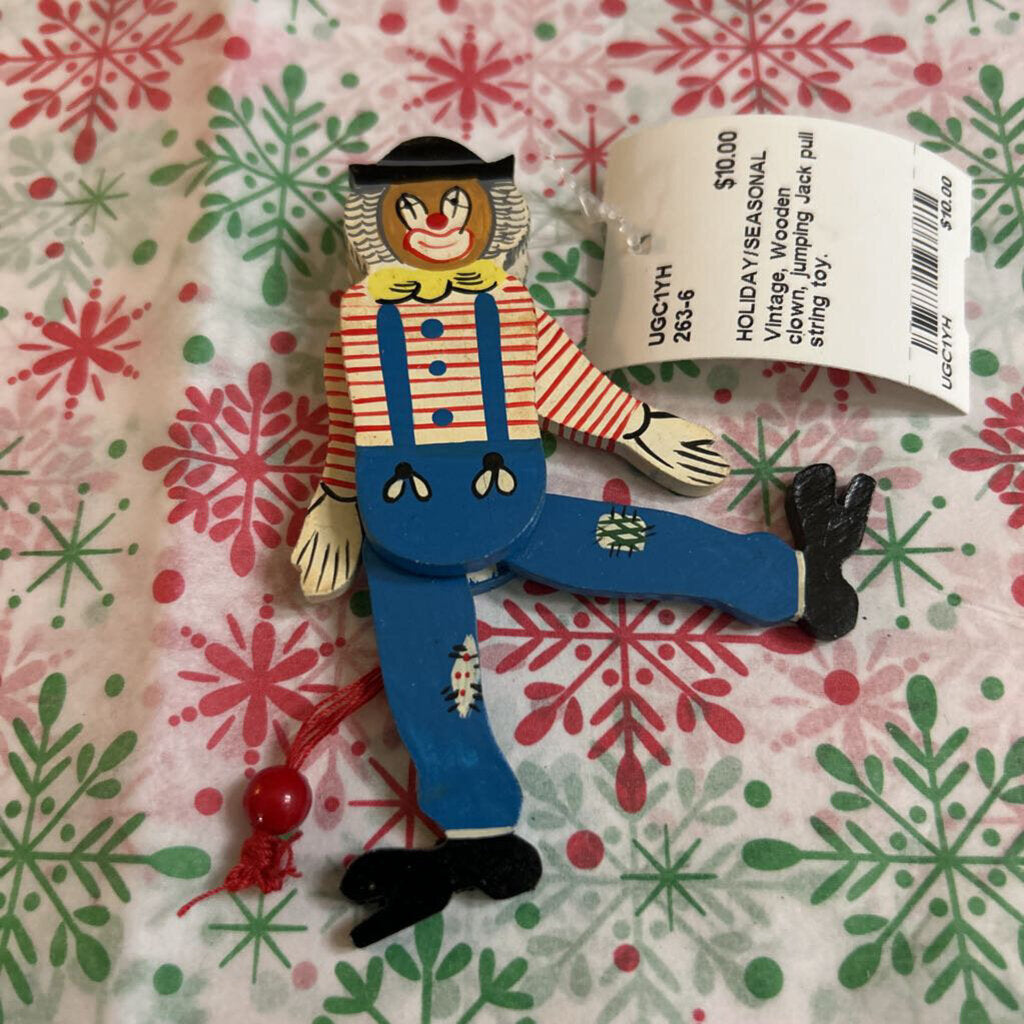 Vintage, Wooden clown, jumping Jack pull string toy.