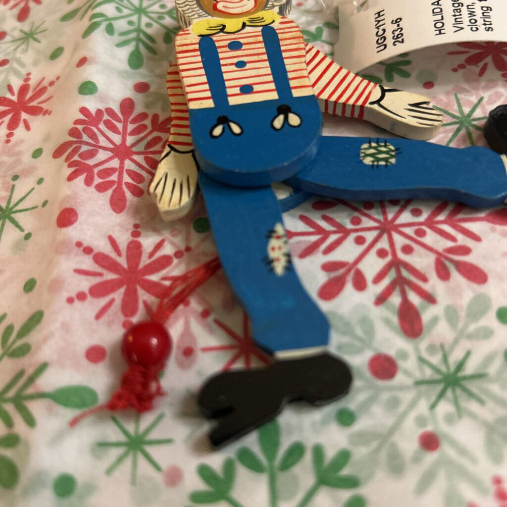 Vintage, Wooden clown, jumping Jack pull string toy.