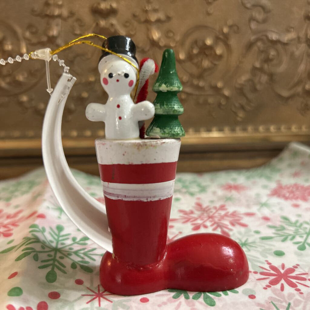 Santa Boot Christmas Ornament, tree/candycane/snowman.