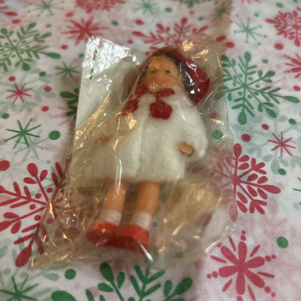 ARI German Rubber Dollhouse Doll 1960/70s. Original molded red bonnet, red shoes, fuzzy white faux-fur coat.
