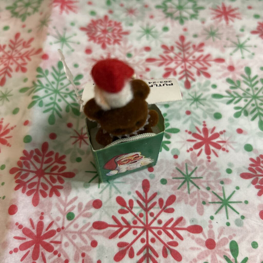 c.1980s Flocked teddy bear pop-up Christmas Ornament.