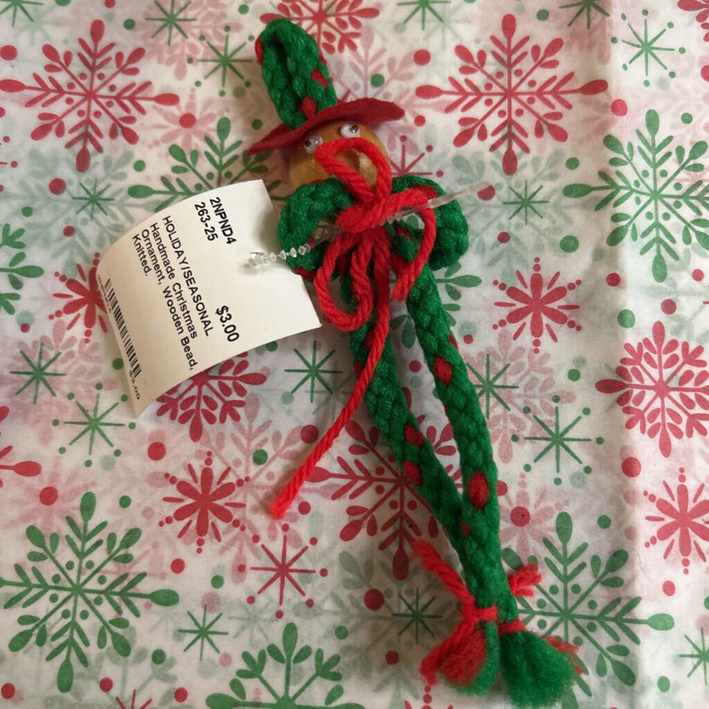 Handmade Christmas Ornament, Wooden Bead, Knitted.