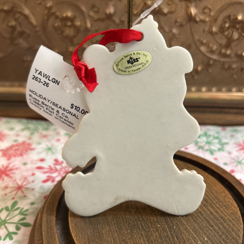 Russ Berrie & Co, c.1980s Flat Ceramic teddy bear ornament.