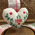 Handmade fabric heart cushion c.1981, Christmas ornament.