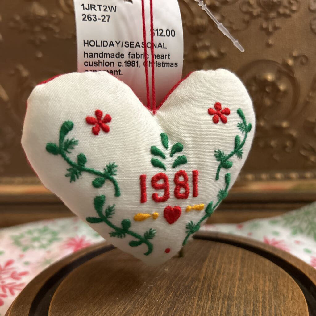 Handmade fabric heart cushion c.1981, Christmas ornament.