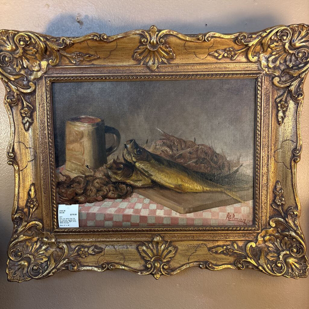 Still Life With Fish Oil on Canvas; signed and dated lower right; circa 1950s Europe