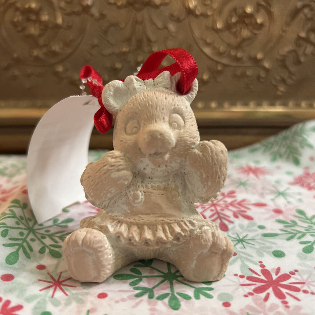Ceramic bisque teddy bear Christmas ornament, red ribbon.
