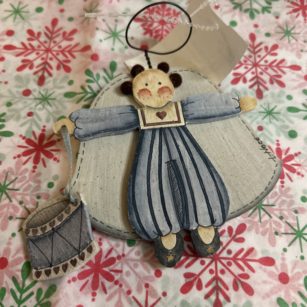 Vintage Hand-painted wood folk art angel drummer.