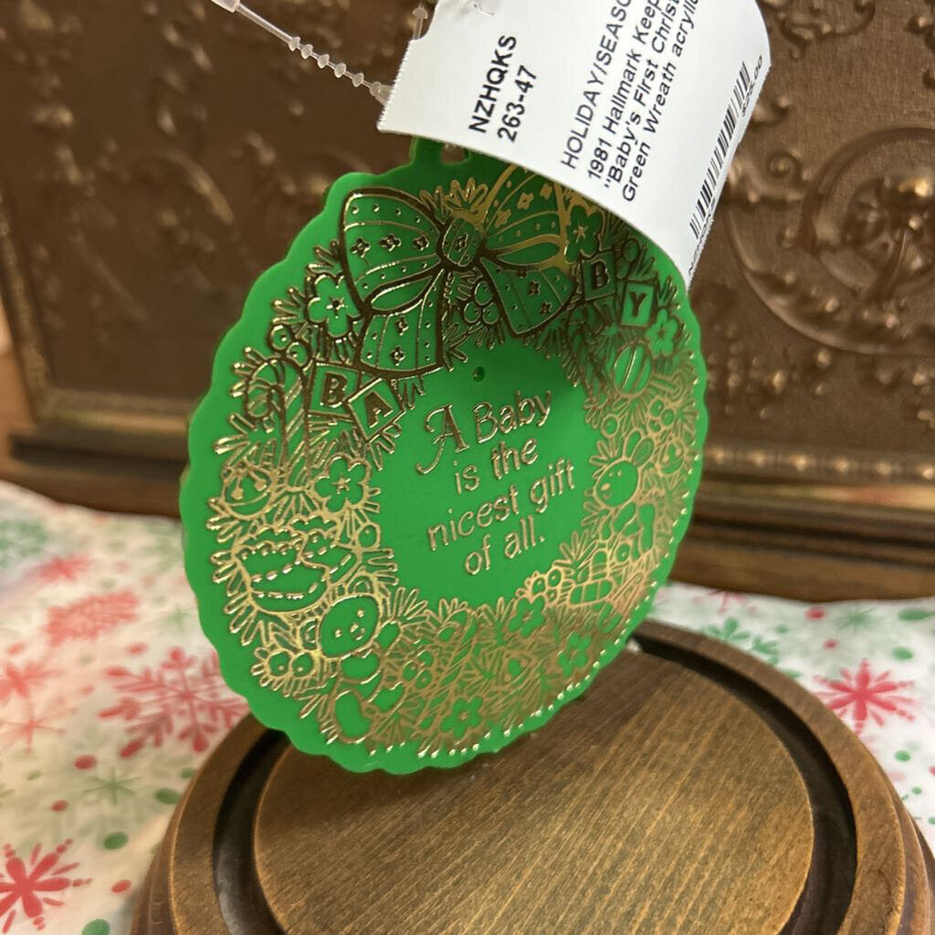 1981 Hallmark Keepsake "Baby's First Christmas" Green Wreath acrylic.