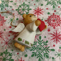 1980s Enesco ceramic bisque ornament, Teddy Bear Angel, holding heart.