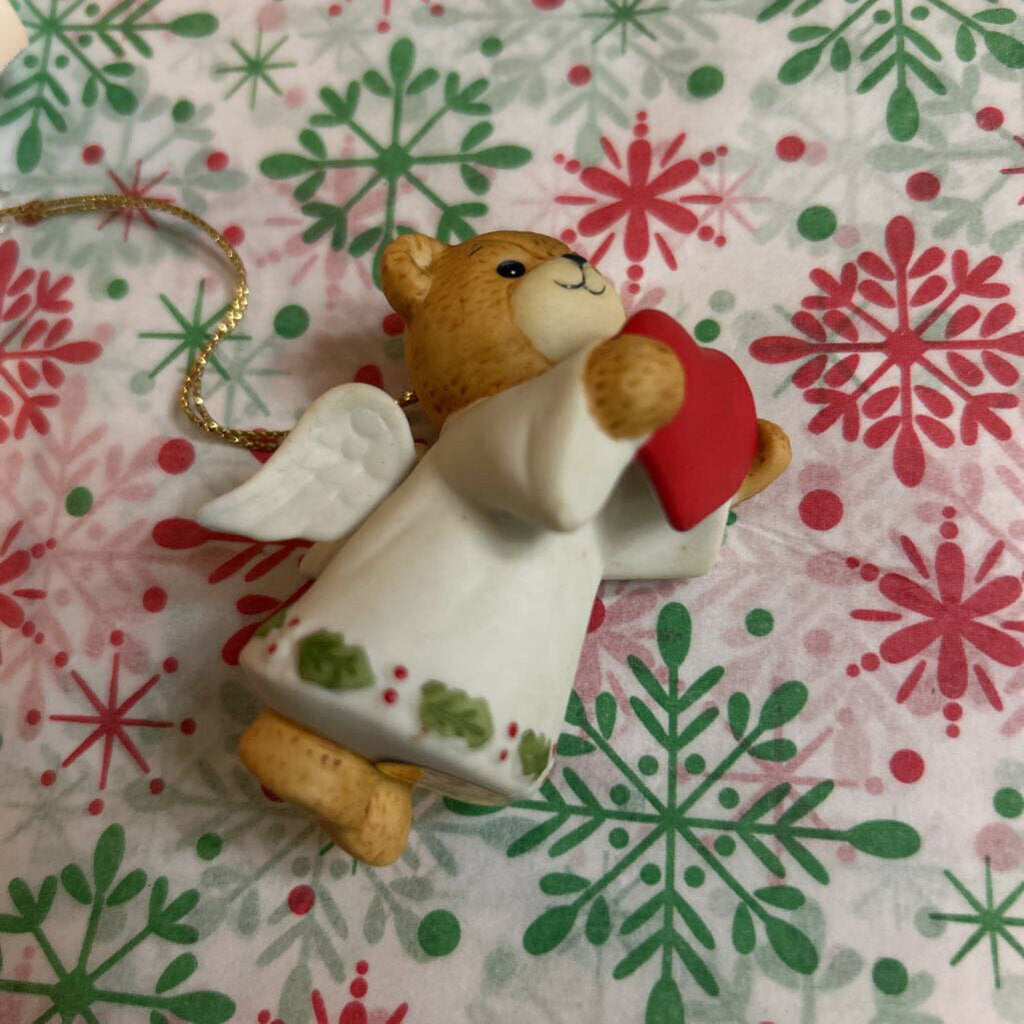 1980s Enesco ceramic bisque ornament, Teddy Bear Angel, holding heart.