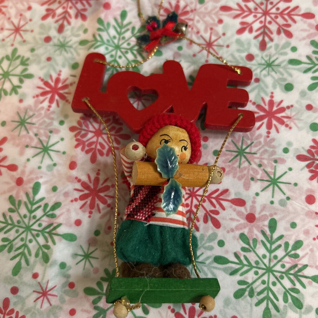 1970s Kurt Adler wooden elf swing "love" ornament.
