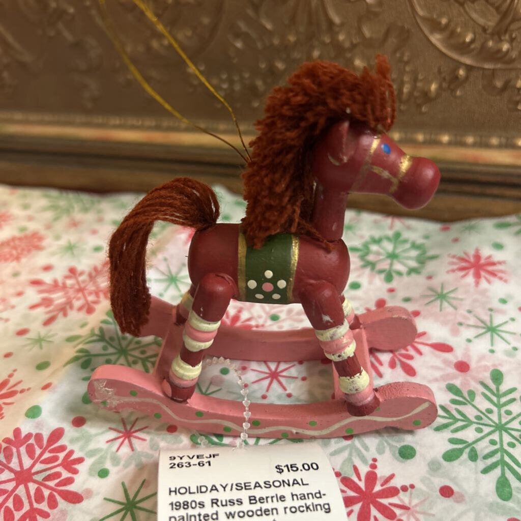 1980s Russ Berrie hand-painted wooden rocking horse ornament.