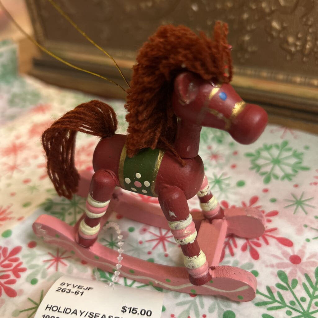 1980s Russ Berrie hand-painted wooden rocking horse ornament.