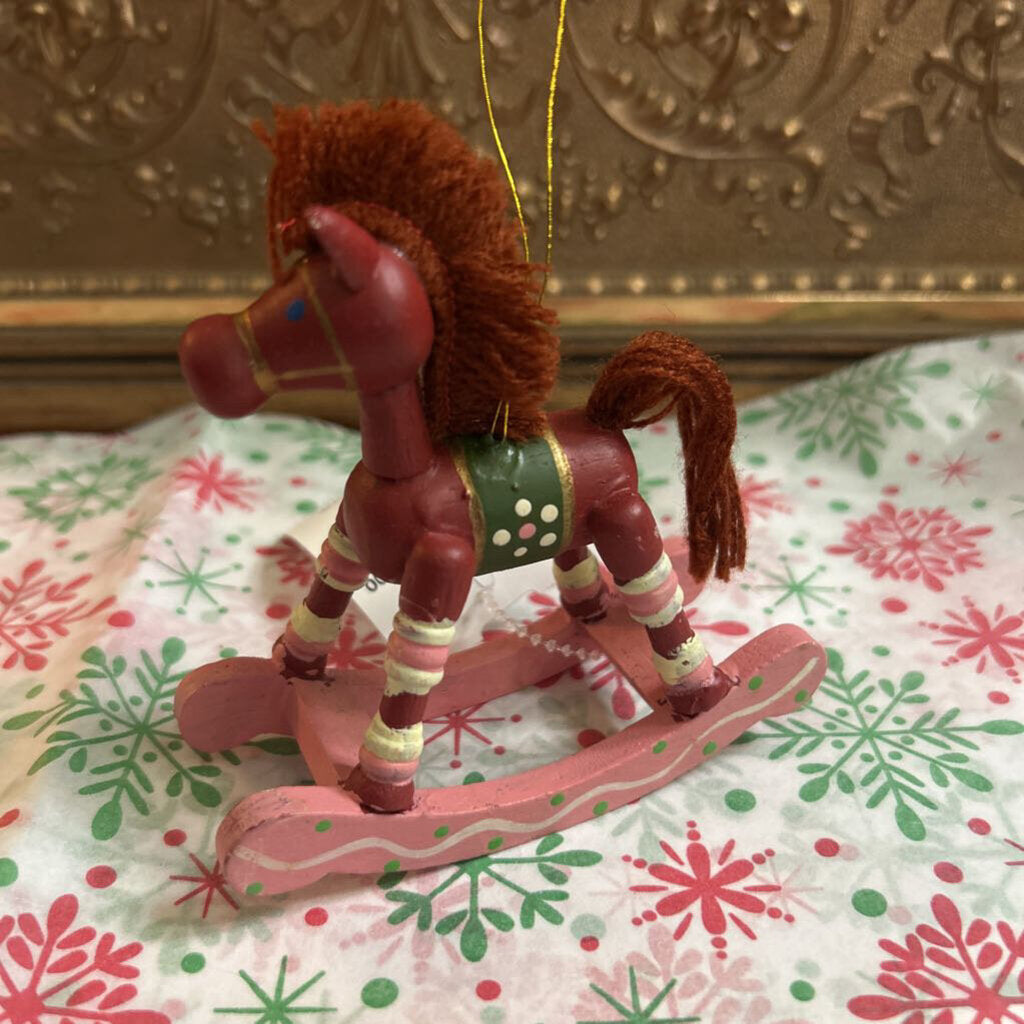 1980s Russ Berrie hand-painted wooden rocking horse ornament.