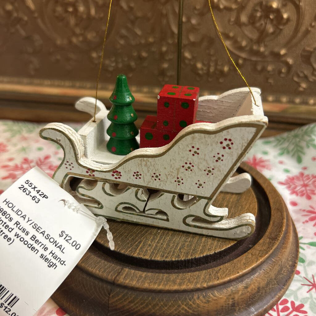 1980s Russ Berrie Hand-painted wooden sleigh (gift/tree)