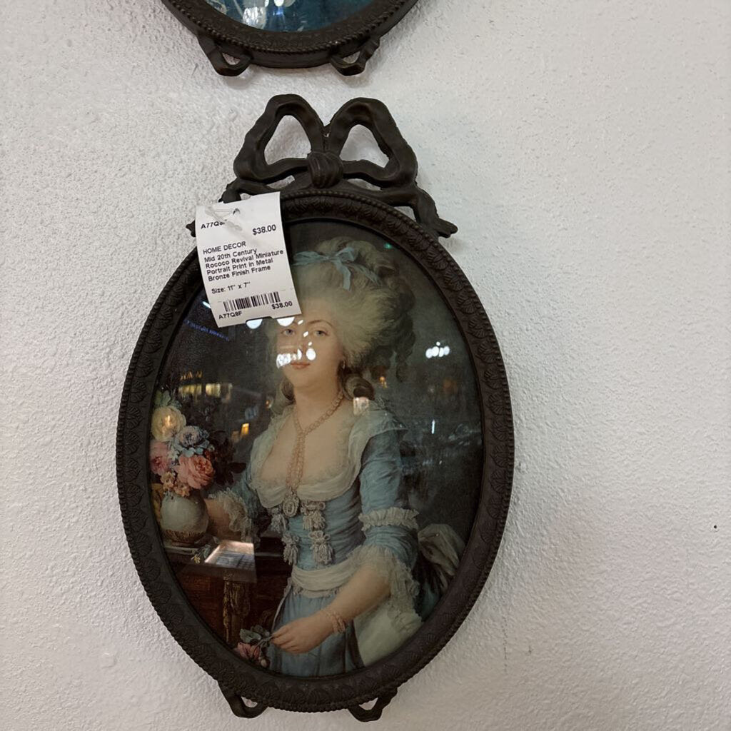 Mid 20th Century Rococo Revival Miniature Portrait Print in Metal Bronze Finish Frame