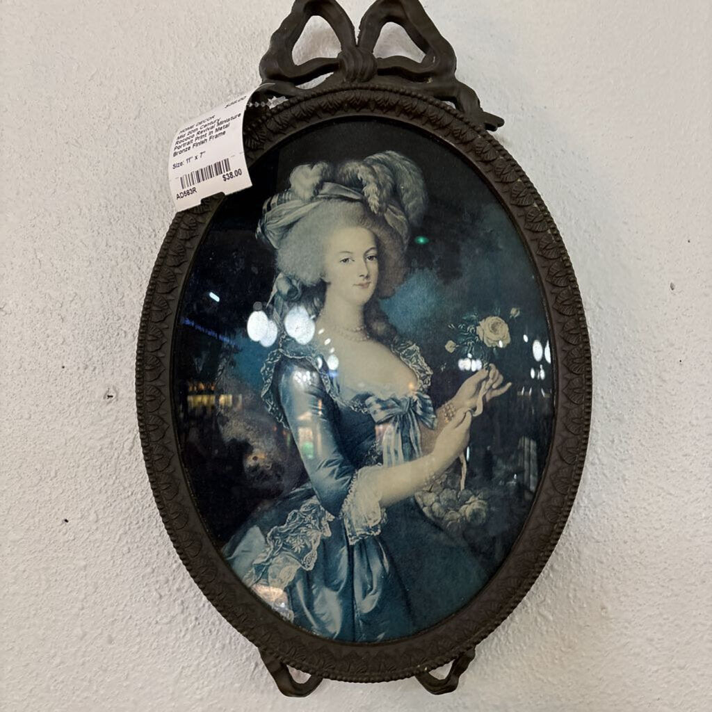 Mid 20th Century Rococo Revival Miniature Portrait Print in Metal Bronze Finish Frame