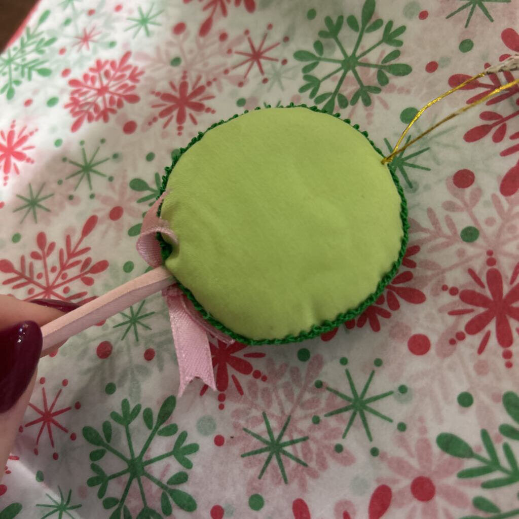 Fabric Swirl lollipop ornament, Green/Pink.