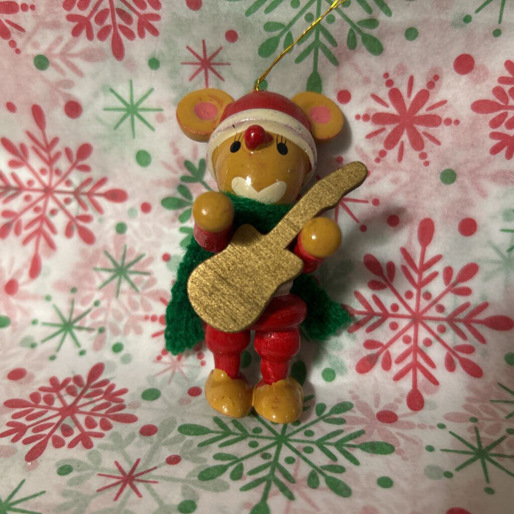 Wooden guitar playing mouse Christmas ornament