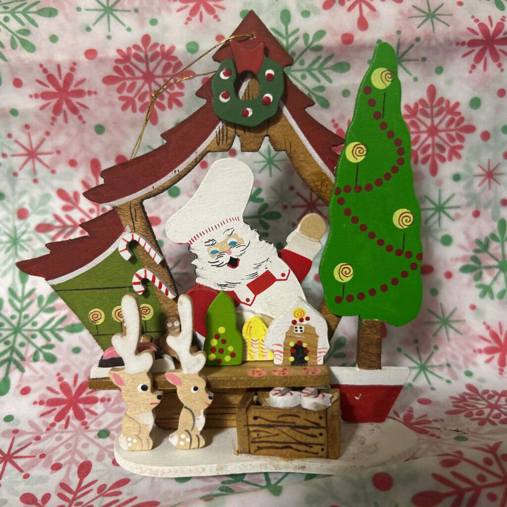 Emgee by Schmid wooden Christmas tree, featuring Santa clause in a candy shop.c.1983