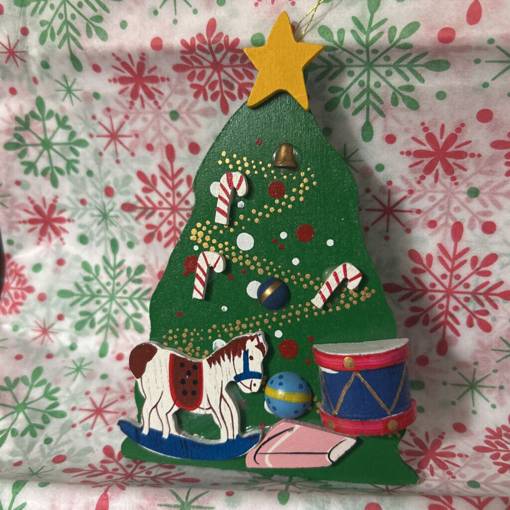 Hand-painted vintage wooden Christmas tree ornament with rocking horse/drum/candy cane