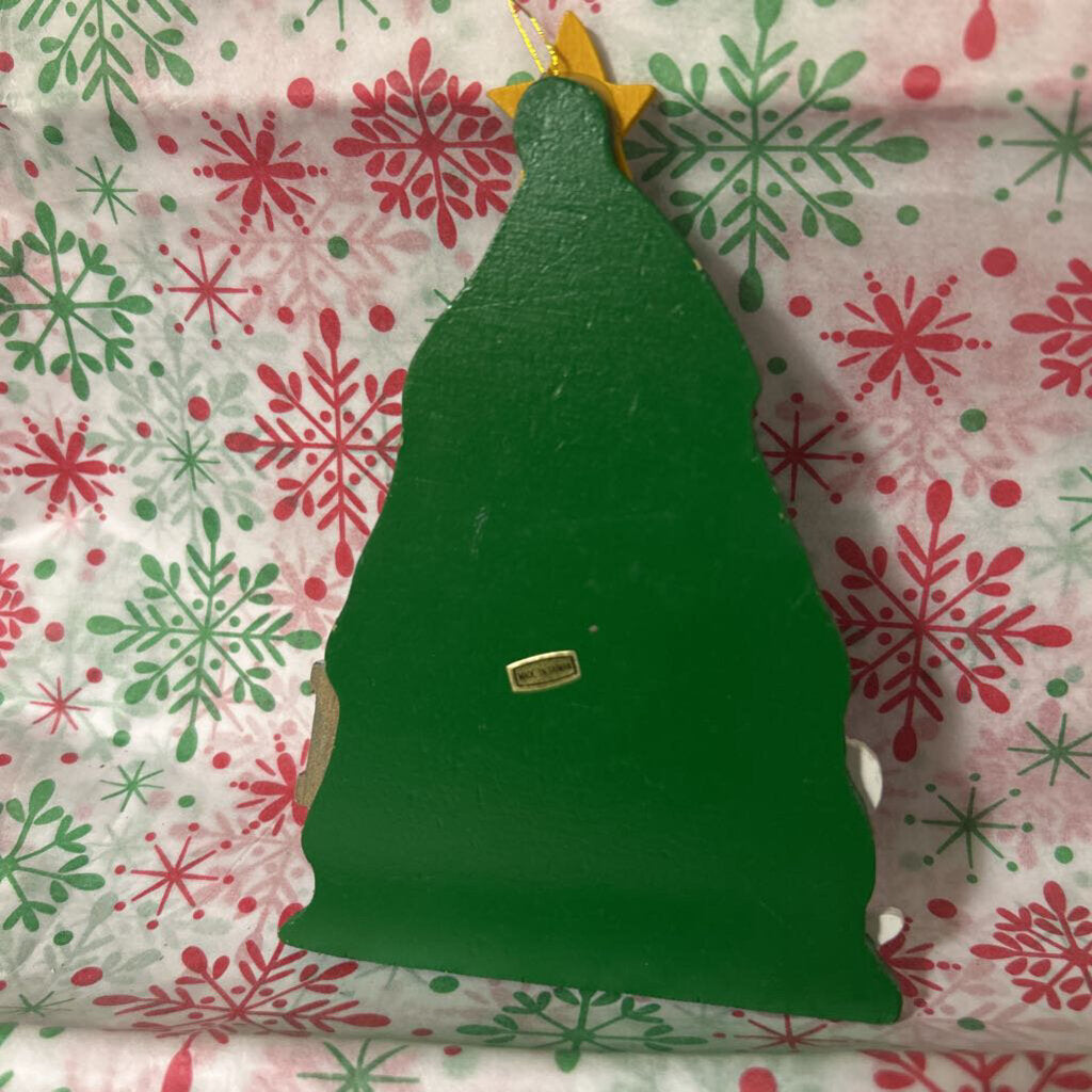 Hand-painted vintage wooden Christmas tree ornament with rocking horse/drum/candy cane
