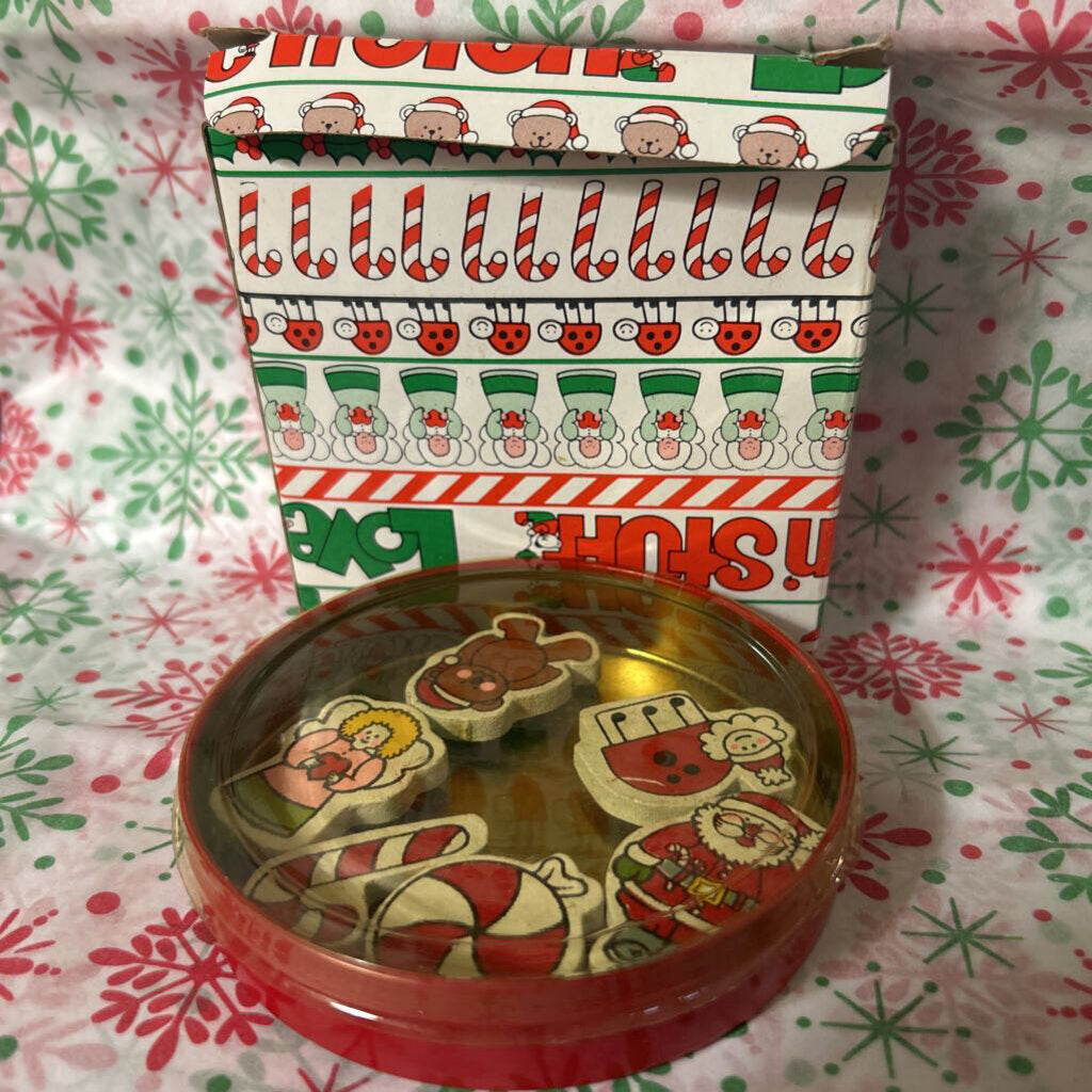Vintage Enesco "Christmas Stuff" series, Christmas magnets with Tin and original box.